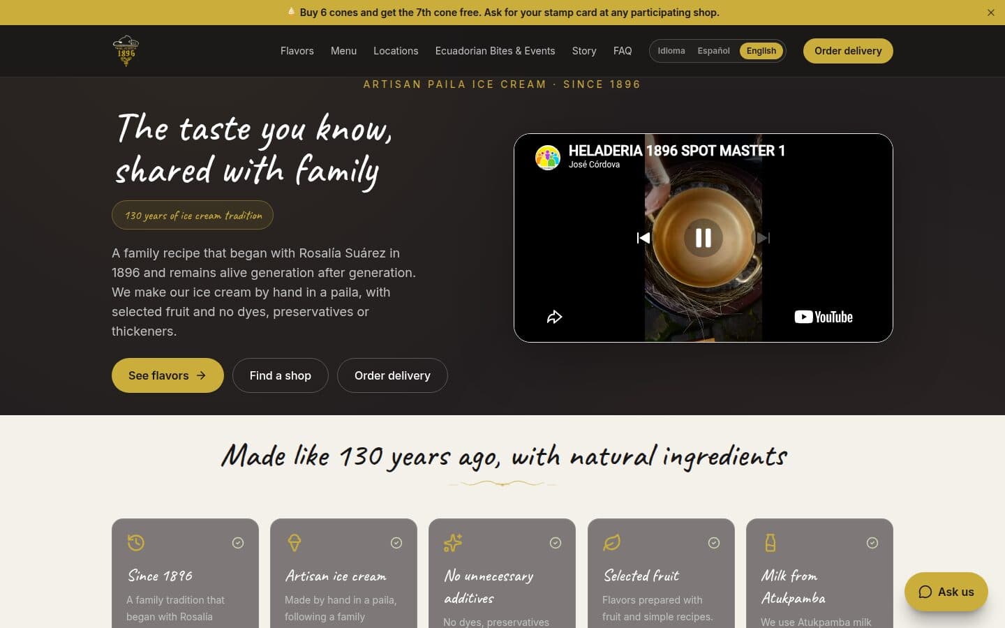 The Heladería 1896 home page, with the assistant in the corner