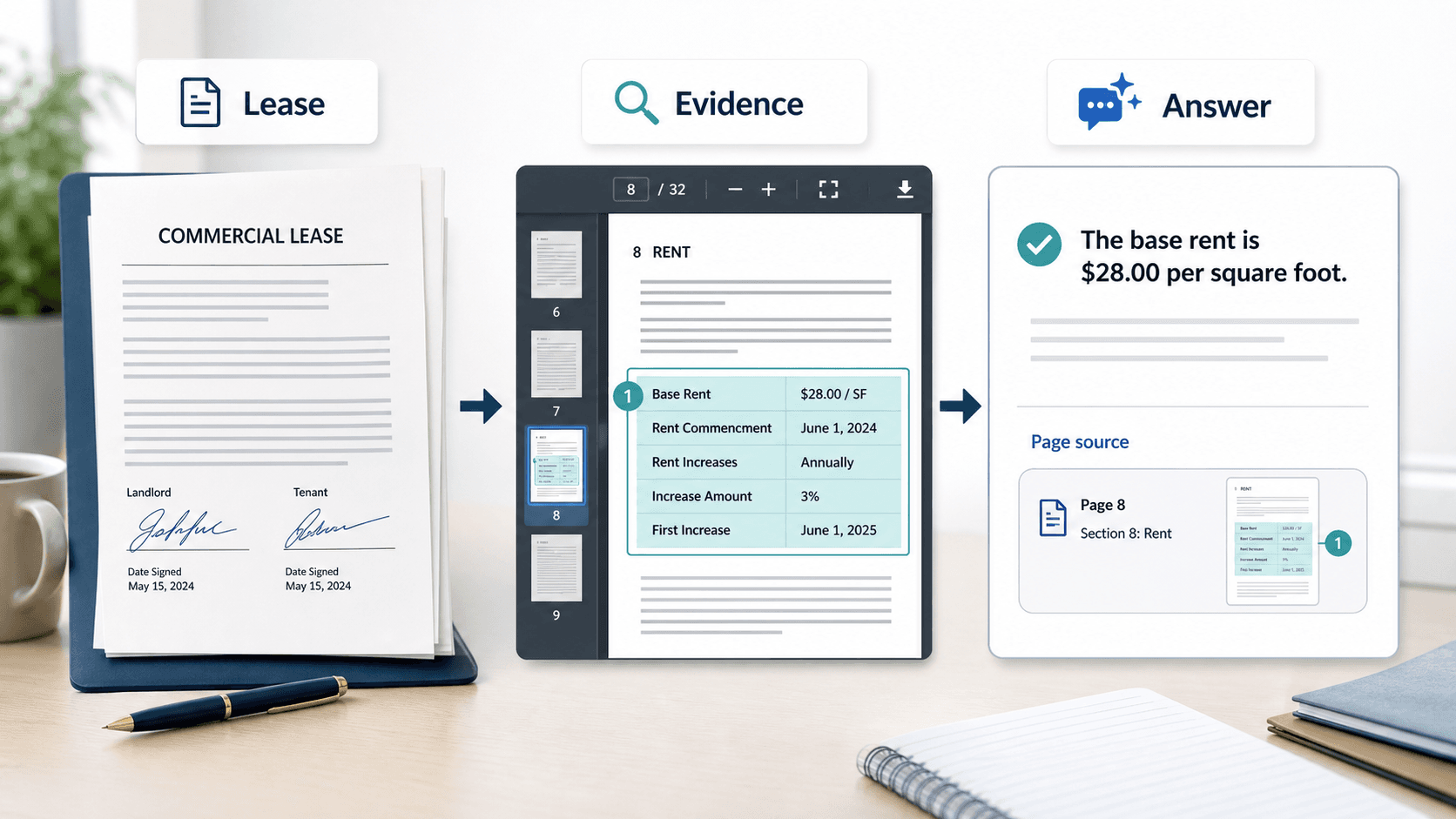AskRoby workflow turning a commercial lease into a verifiable answer with a page source